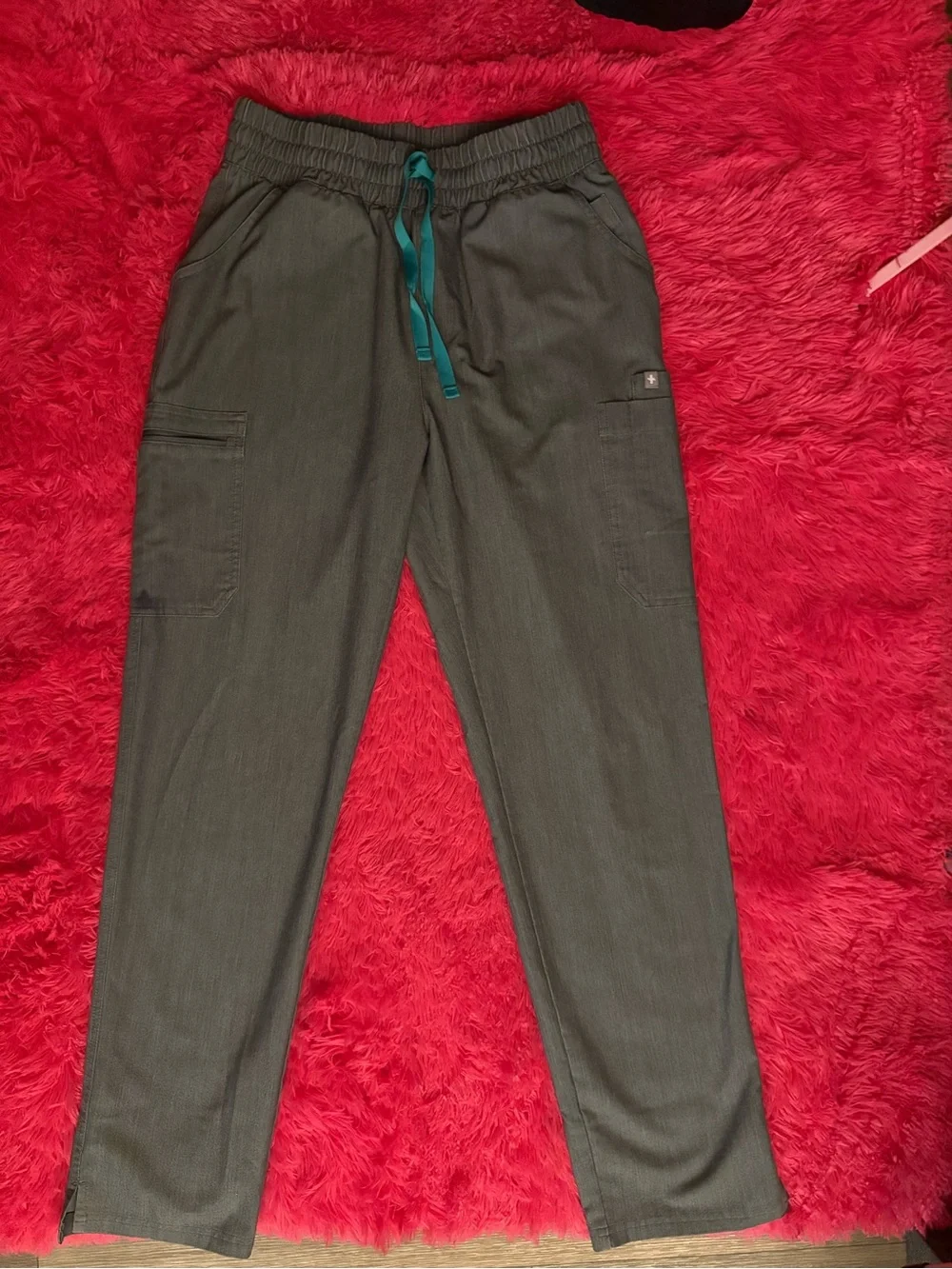 FIGS Olive Cargo Jogger Pants with Teal Drawcord